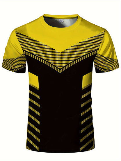 Men'S Geometric-Pattern Sports T-Shirt, Polyester Blend, Crew Neck, High Stretch, Short Sleeve, Quick-Dry, Tear-Resistant, Knit Fabric, Skinny Fit, with 3D Heat Sublimation for Running, Yoga, Training, Hiking, Casual & Athlet
