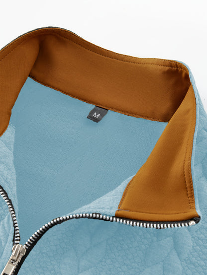 Men'S Light Blue Quilted Zip-Up Jacket - Casual Fall/Winter Outerwear with Stand Collar, Long Sleeves, and Front Pockets, Perfect for Casual Attire, Autumn Winter Apparel | Quilted Texture Jacket | Zippered Jacket