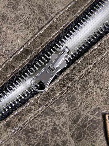 Men'S Faux Fur Lined Biker Jacket, Casual Long Sleeve Applique Air Force Style, Polyester 100% Knit Fabric, Solid Color Lapel Collar, Zipper Closure, Regular Fit for Daily & Golf Occasions - Fall/Winter Collection