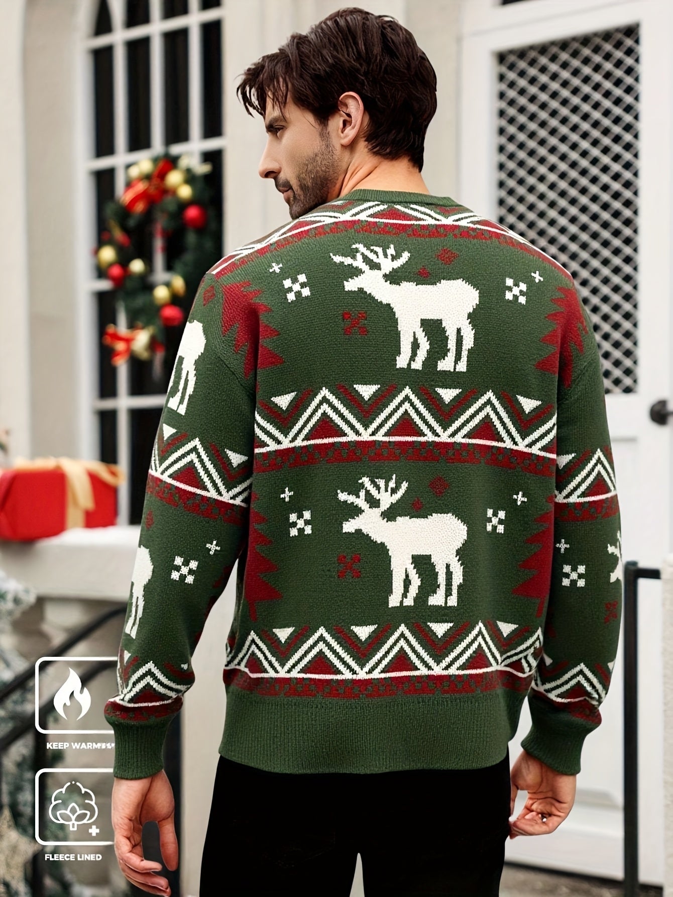 Men'S Winter Sweater - Christmas Deer & Snowflake Sweater with Red & Green Holiday Colors, Loose Fit Casual Knitwear, Drop Shoulder Long Sleeve Pullover, Soft Warm Winter Sweater for Christmas, Knit, Sweater For Men, Men Clot
