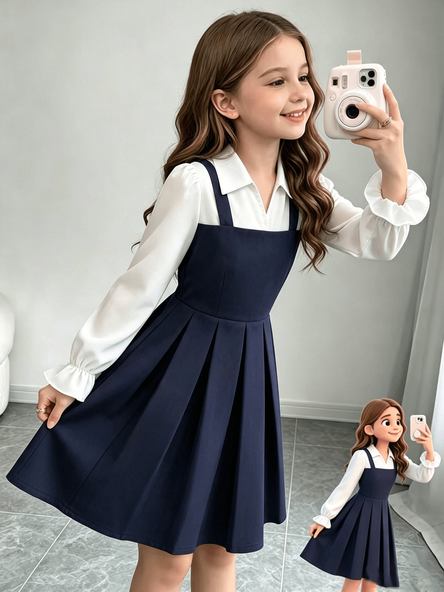 Girls' Preppy Color Block Dress with Lapel Collar & Pleated Skirt