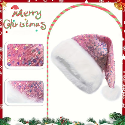 Christmas Sequin Santa Hat - Double Layer Shimmery Polyester Beanie Cap with Plush Trim, Inelastic, Handwash Only, Knitted Craftsmanship, No Feathers, Festive Holiday Headwear for Adults