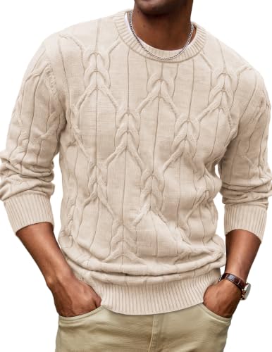 Men's Cable Knit Crewneck Sweater Pullover Long Sleeve