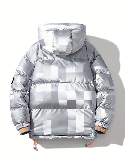 Men's Checkered Graphic Print Padded Outwear With Pockets, Casual Zip Up Long Sleeve Warm Hooded Outwear For Winter Outdoor Activities