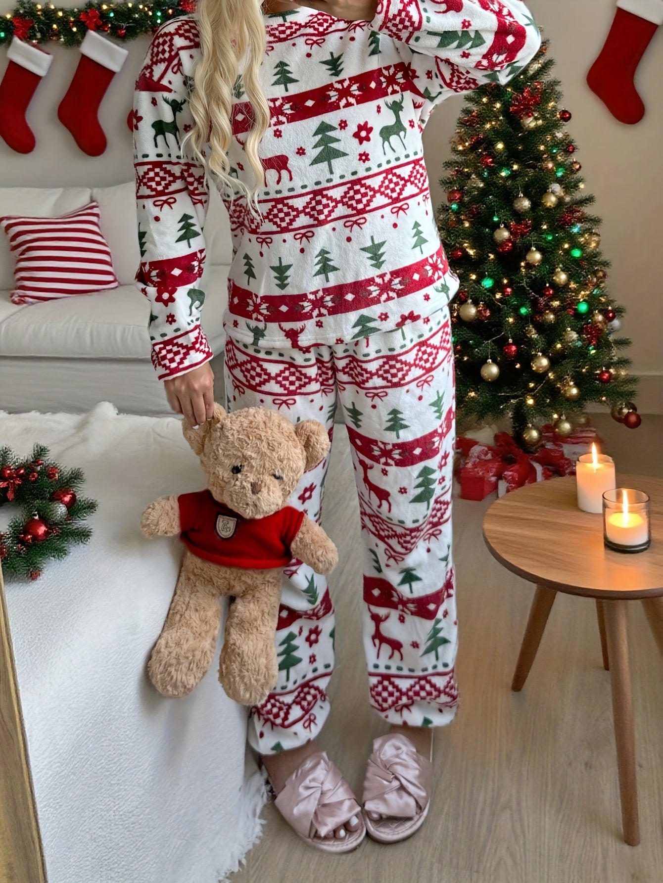 Women'S Christmas Pattern Pajama Set | Comfortable Long-Sleeve Home Wear for Fall/Winter, Crew Neck