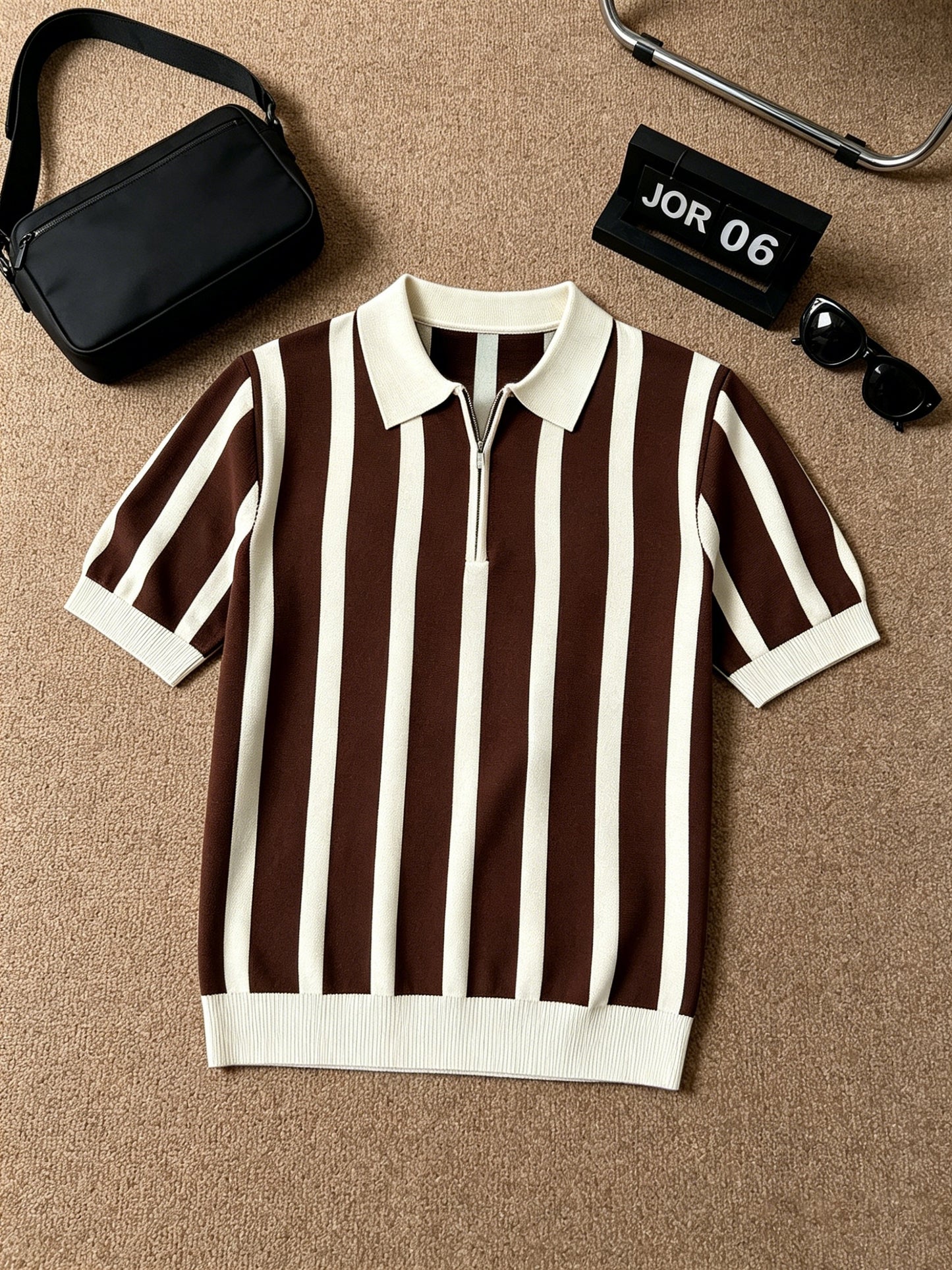Men's Slim Fit Vertical Stripe Knit Polo with Half-Zip Collar