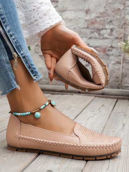 Women's Retro Perforated Flat Shoes, Comfy Breathable Round Toe Slip On Shoes, Casual Outdoor Loafers