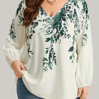 Plus Size Floral Print Blouse, Casual V Neck Long Sleeve Blouse For Spring, Women's Plus Size Clothing