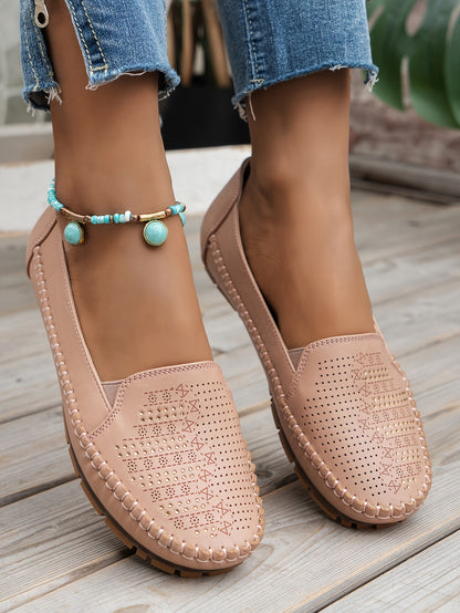 Women's Retro Perforated Flat Shoes, Comfy Breathable Round Toe Slip On Shoes, Casual Outdoor Loafers