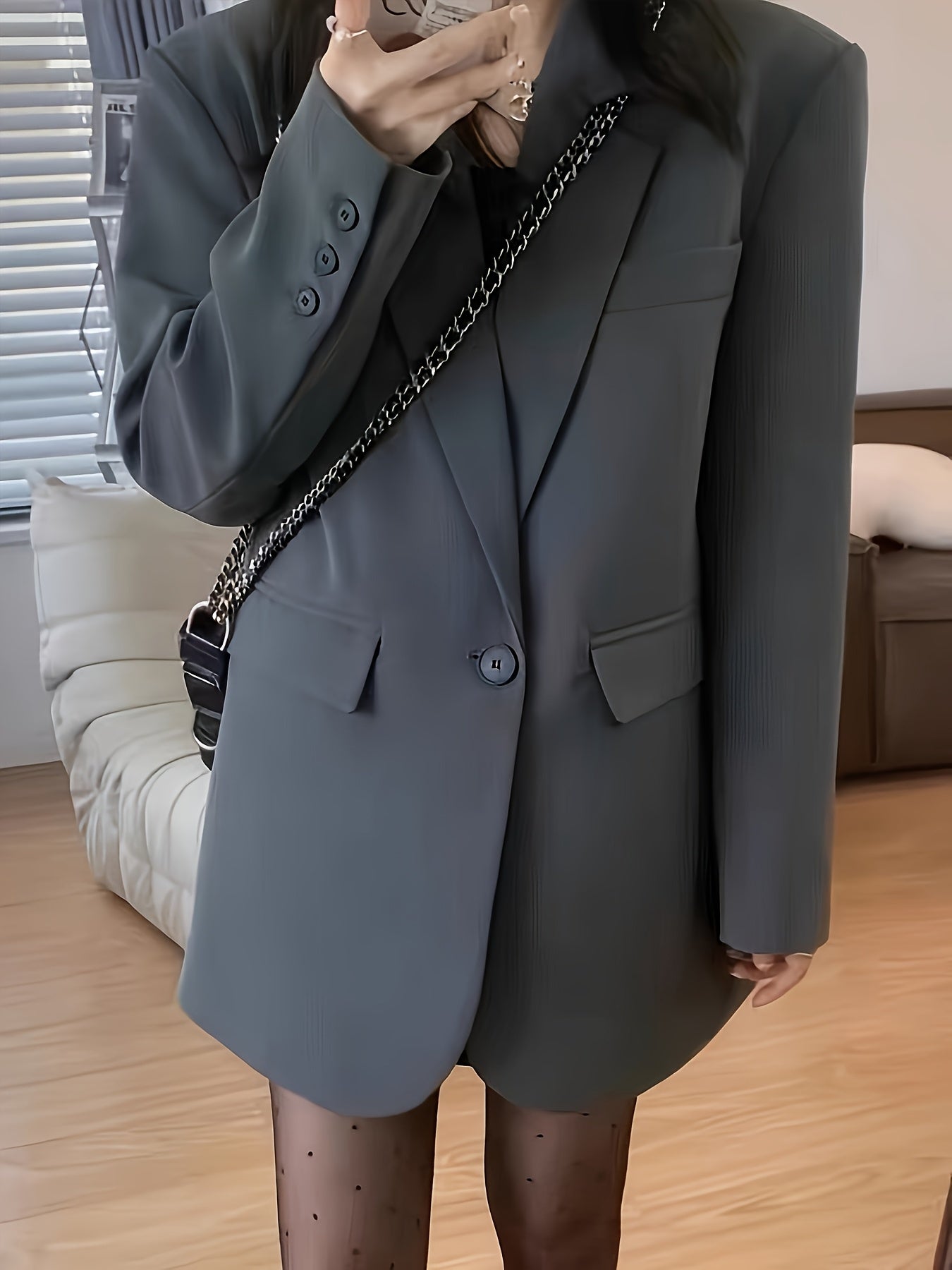 Կանացի շքեղ, առօրյա բլեյզեր՝ պոլիեսթերից, միագույն, երկար թևքերով, կոճակներով առջևի մասով և գրպաններով, ազատ չափսով, գարնանային/աշնանային բաճկոն, առօրյա հագուստի բաճկոն | մինիմալիստական ​​| մեկ օղակով բաճկոն