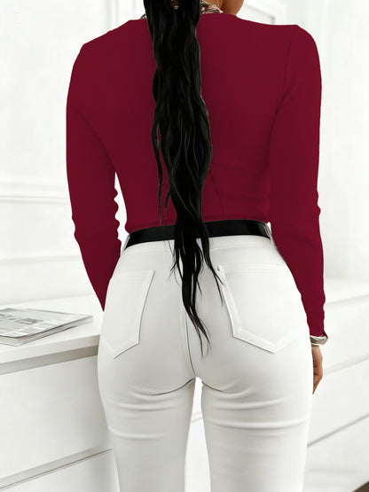 Cute, Personality, Square Neck Ribbed Tank Top with Golden Buttons, Long Sleeve + Crop Cut, Slim Fit to Show Clavicle, Stylish for Inner and Outer Wear, Versatile for Daily Commute