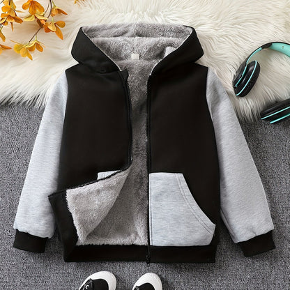 1pc Boys Stylish Color Block Fleece Lining Hooded Jacket, Long Sleeve Zip Up Jacket, Kids Clothes Outdoor