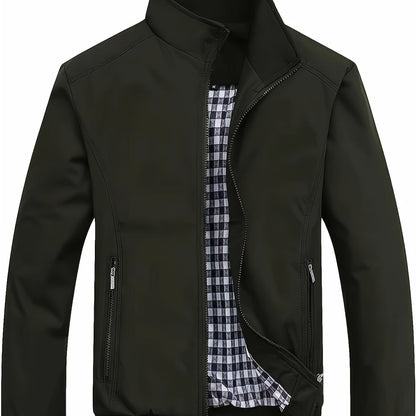 Men's Long Sleeve Zip Up Stand Collar Coat, Business Stand Collar Jacket With Zipper Pockets, Spring Autumn Men's Clothing