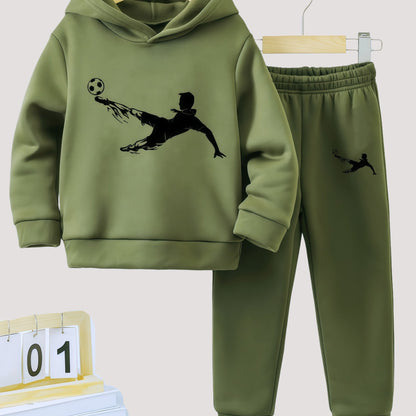 Autumn and Winter Fashion New 'asual Sporty Style Football Print Fleece-Lined Hoodie and Sweatpants Set, Suitable for Outdoor Activities, Casual Wear, Sports Apparel, Trendy Sportswear, Sporty Design, Warm Fabric, Soft Textur