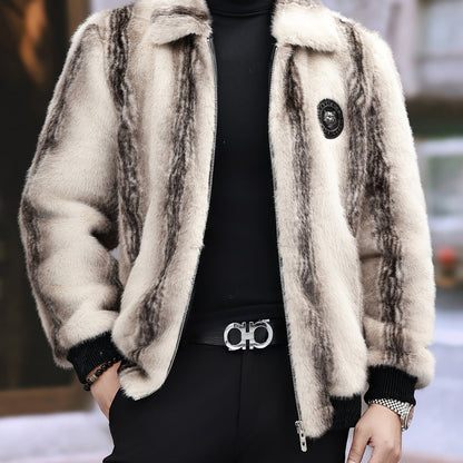 Men'S Winter Faux Fur Coat - Warm Color-Block Lapel Collar Jacket with Zipper Closure, Black & Beige Contrast Design, Regular Fit for Casual & Formal Wear, Polyester Lining, Stylish Streetwear, Faux Fur Coat