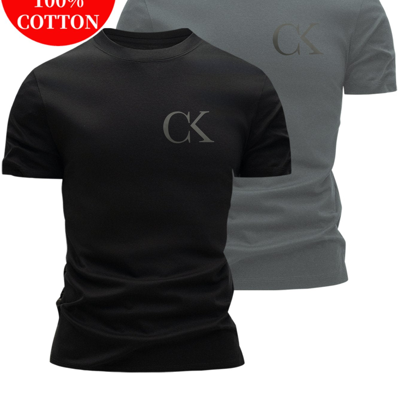 2pcs 100% Cotton Men's T-Shirts, Summer Short Sleeve Slim Fit Tops, Trendy Versatile Casual Basic Style with Minimalist CK Letter Print on Chest for  Flair - ayq