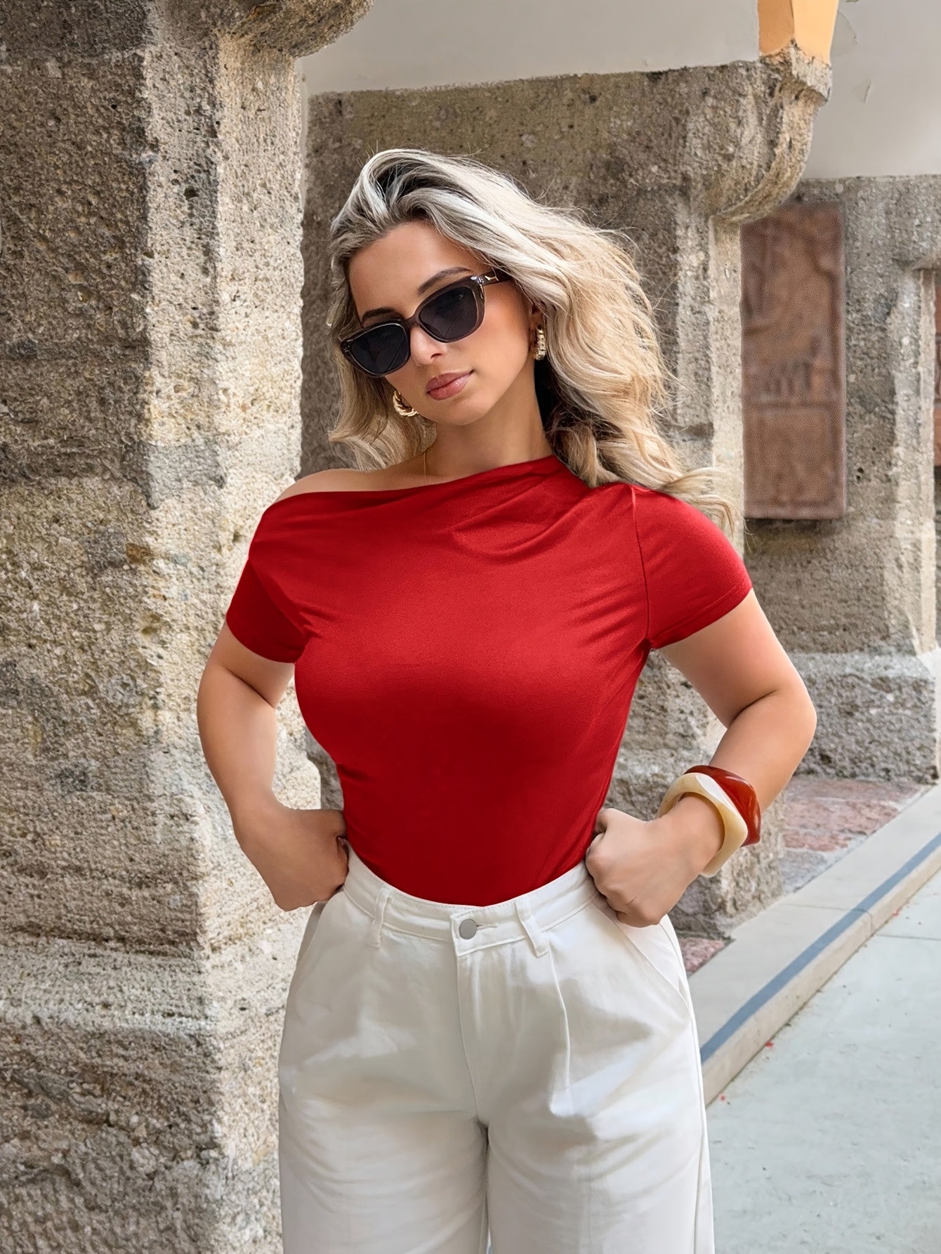 Women’s Summer Slim Fit Asymmetrical Neck Ruched T-Shirt