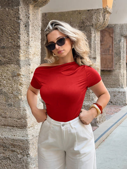 Women’s Summer Slim Fit Asymmetrical Neck Ruched T-Shirt