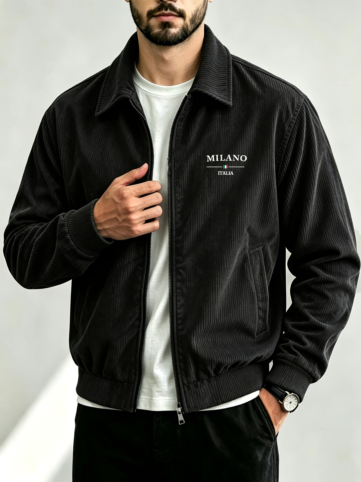 Men's Corduroy Zipper Jacket with Lapel Collar for Spring/Fall