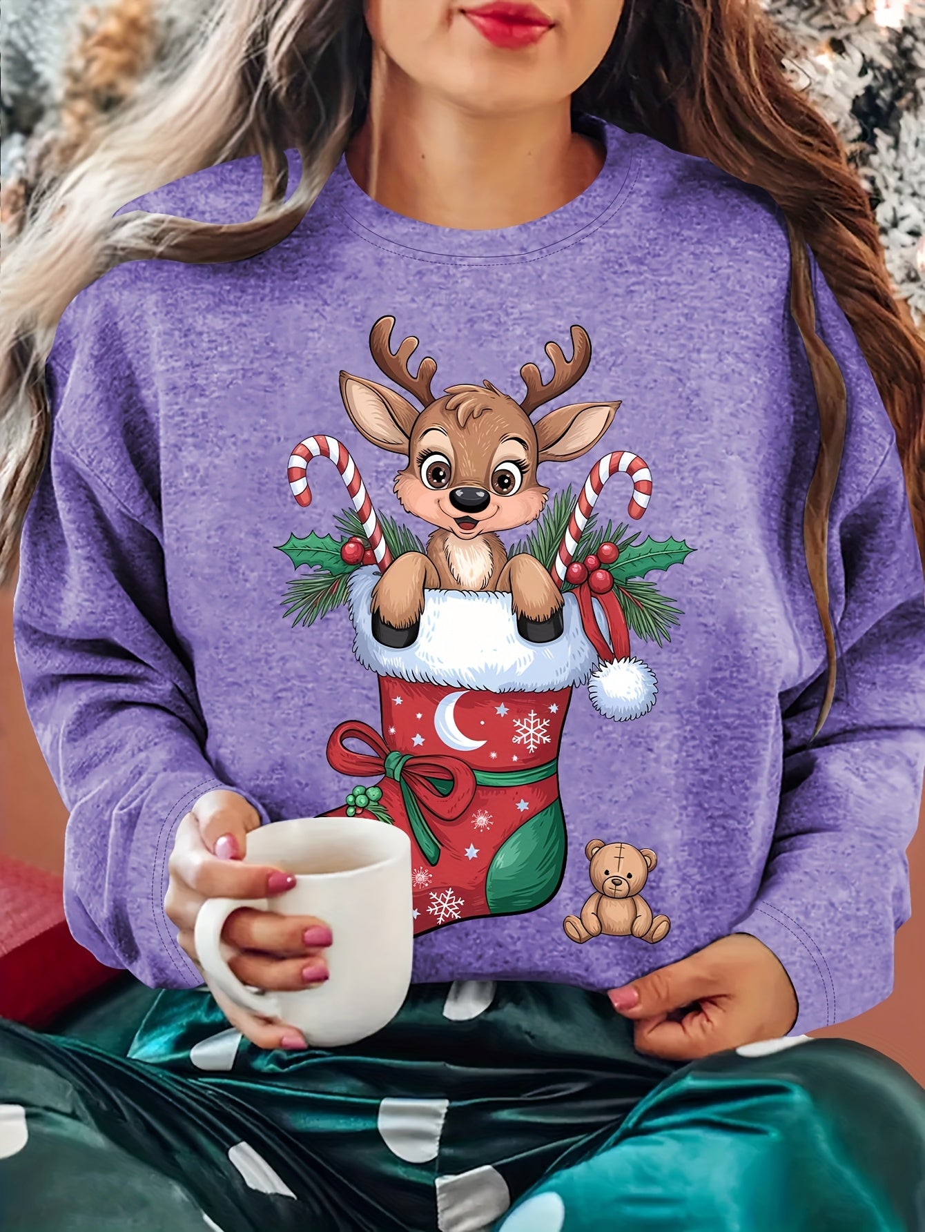 Women'S Christmas Sweater - Soft Pink Holiday Party Top with Deer in Santa Hat & Candy Cane Graphic, Cozy Long Sleeve Shirt for Christmas, New Year'S Eve, Everyday Winter Outfits - Sizes S-XXL (Extended Sizes Available) - Non