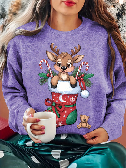 Women'S Christmas Sweater - Soft Pink Holiday Party Top with Deer in Santa Hat & Candy Cane Graphic, Cozy Long Sleeve Shirt for Christmas, New Year'S Eve, Everyday Winter Outfits - Sizes S-XXL (Extended Sizes Available) - Non