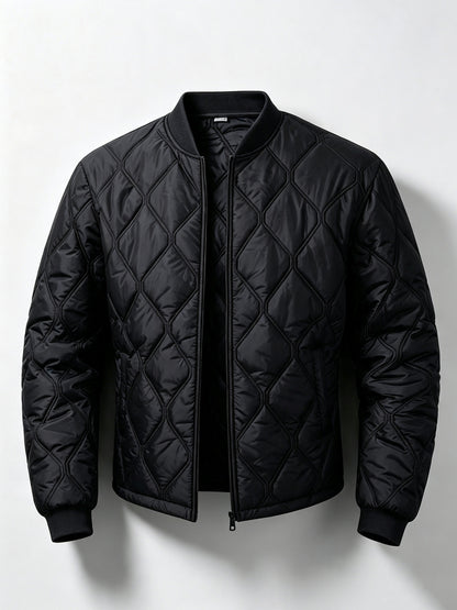 Men's Casual Black Diamond-Pattern Padded Jacket with Baseball Collar