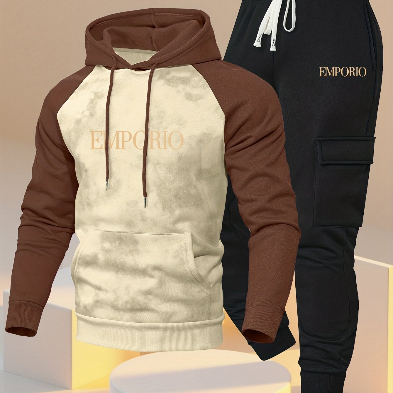 New Trendy Fashion Raglan Sleeve Colorblock Hoodie and Loose Cuffed Drawstring Cargo Pants with Multiple Pockets, Casual Daily Comfortable Versatile Breathable Hooded Sweatshirt and Loose Long Pants 2pcs Set with Stylish Prin