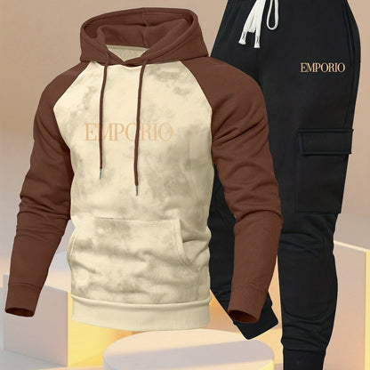 New Trendy Fashion Raglan Sleeve Colorblock Hoodie and Loose Cuffed Drawstring Cargo Pants with Multiple Pockets, Casual Daily Comfortable Versatile Breathable Hooded Sweatshirt and Loose Long Pants 2pcs Set with Stylish Prin