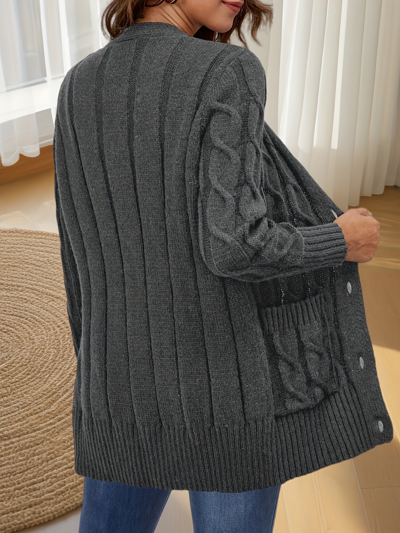 Elegant Women's Cable-Knit Cardigan - Cozy Button-Up V-Neck Sweater Jacket with Pockets, Long Sleeves in Heather Gray, 100% Polyester, Machine Washable for Fall/Winter