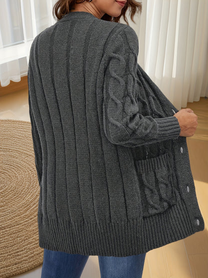 Elegant Women's Cable-Knit Cardigan - Cozy Button-Up V-Neck Sweater Jacket with Pockets, Long Sleeves in Heather Gray, 100% Polyester, Machine Washable for Fall/Winter