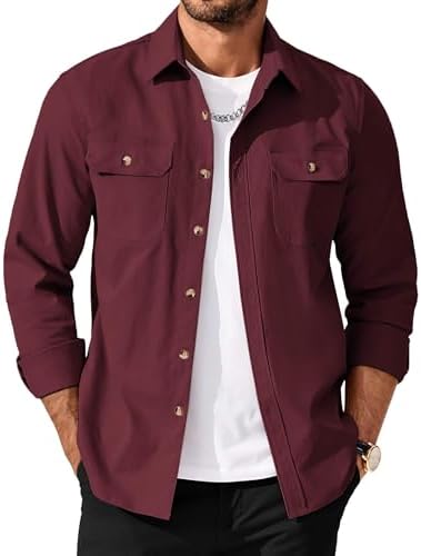 Men's Long Sleeve Button-Up Shirt Jacket with Flap Pockets