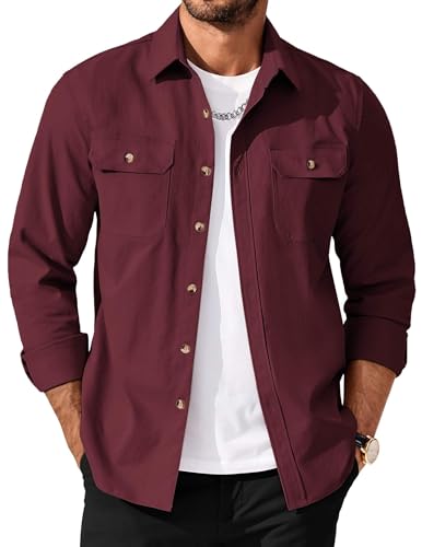 Men's Long Sleeve Button-Up Shirt Jacket with Flap Pockets