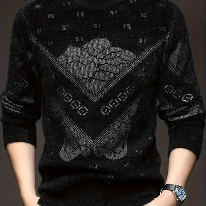 Men'S High-End Crew Neck Sweater | Fashionable Thick Warm Knitted Pullover with Floral Pattern and Hot Stamping for Fall/Winter