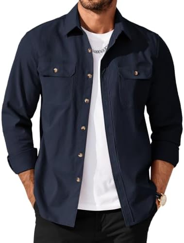Men's Long Sleeve Button-Up Shirt Jacket with Flap Pockets