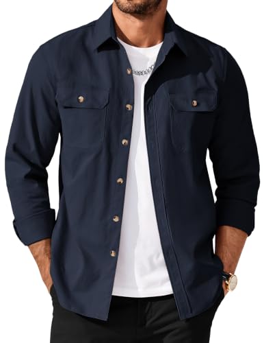 Men's Long Sleeve Button-Up Shirt Jacket with Flap Pockets