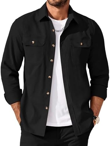 Men's Long Sleeve Button-Up Shirt Jacket with Flap Pockets