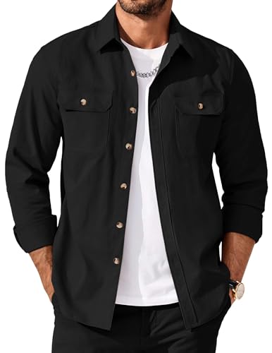 Men's Long Sleeve Button-Up Shirt Jacket with Flap Pockets