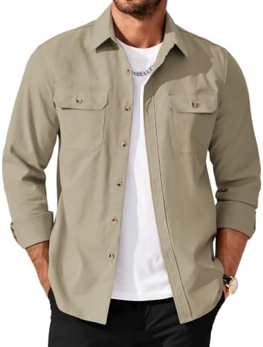 Men's Long Sleeve Button-Up Shirt Jacket with Flap Pockets