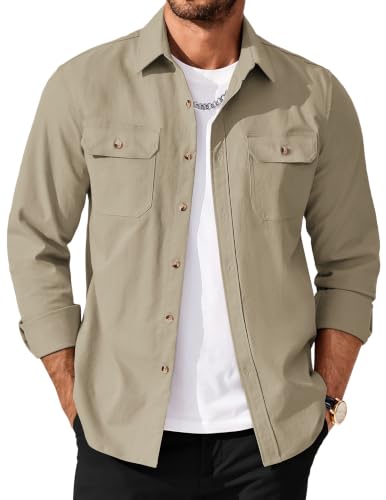 Men's Long Sleeve Button-Up Shirt Jacket with Flap Pockets