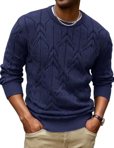 Men's Cable Knit Crewneck Sweater Pullover Long Sleeve
