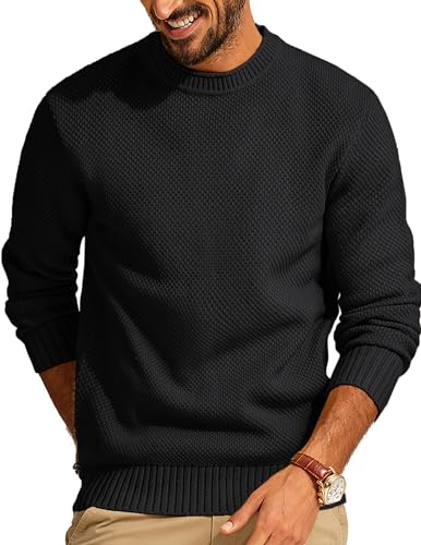 Men's Waffle Knit Crewneck Sweater Textured Pullover