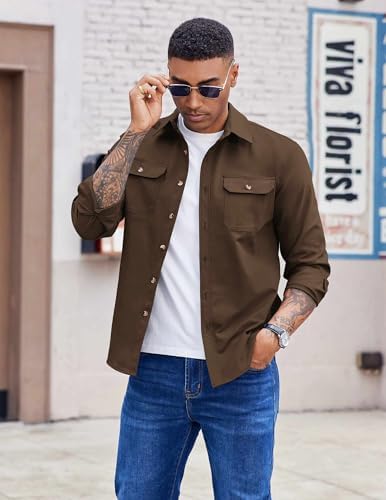 Men's Long Sleeve Button-Up Shirt Jacket with Flap Pockets