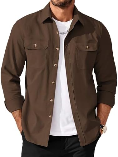 Men's Long Sleeve Button-Up Shirt Jacket with Flap Pockets