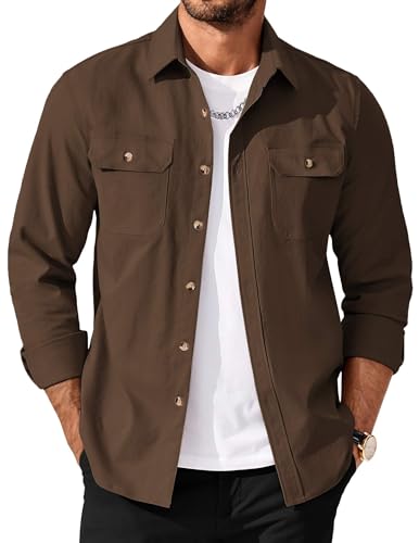 Men's Long Sleeve Button-Up Shirt Jacket with Flap Pockets