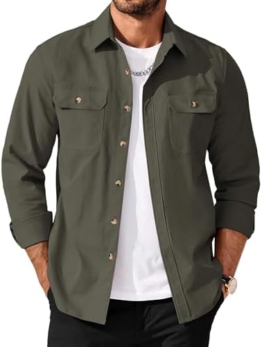 Men's Long Sleeve Button-Up Shirt Jacket with Flap Pockets