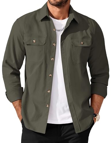 Men's Long Sleeve Button-Up Shirt Jacket with Flap Pockets