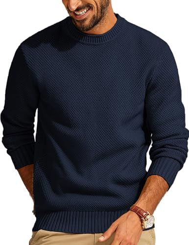 Men's Waffle Knit Crewneck Sweater Textured Pullover