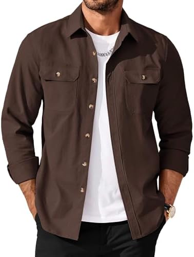 Men's Long Sleeve Button-Up Shirt Jacket with Flap Pockets