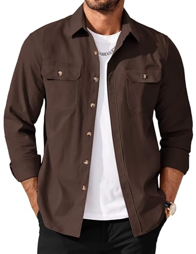 Men's Long Sleeve Button-Up Shirt Jacket with Flap Pockets