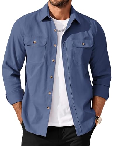 Men's Long Sleeve Button-Up Shirt Jacket with Flap Pockets
